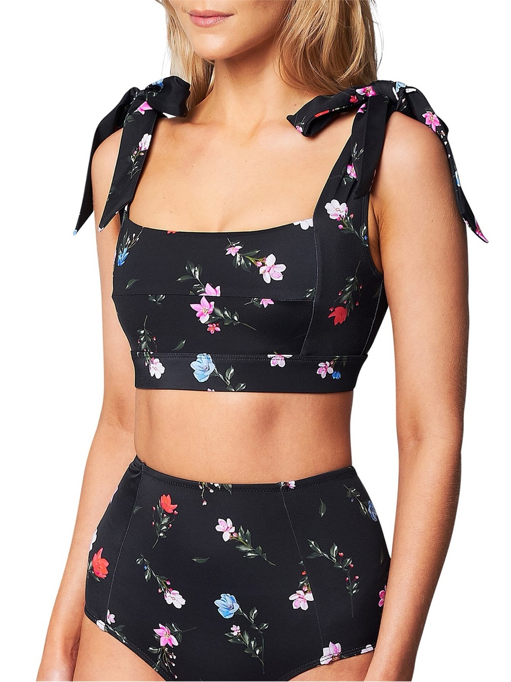Une Piece Classic Square Neck Black Floral Bikini Top & High Waisted Bottoms Set